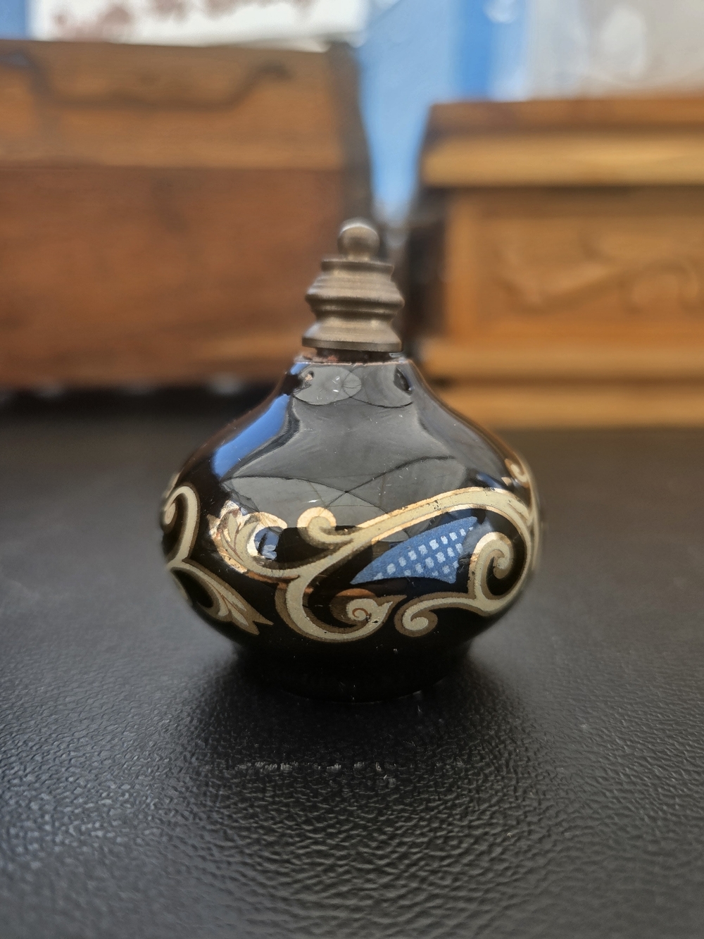 Vintage Black Glass Decorative Perfume Bottle with Gold Scrollwork